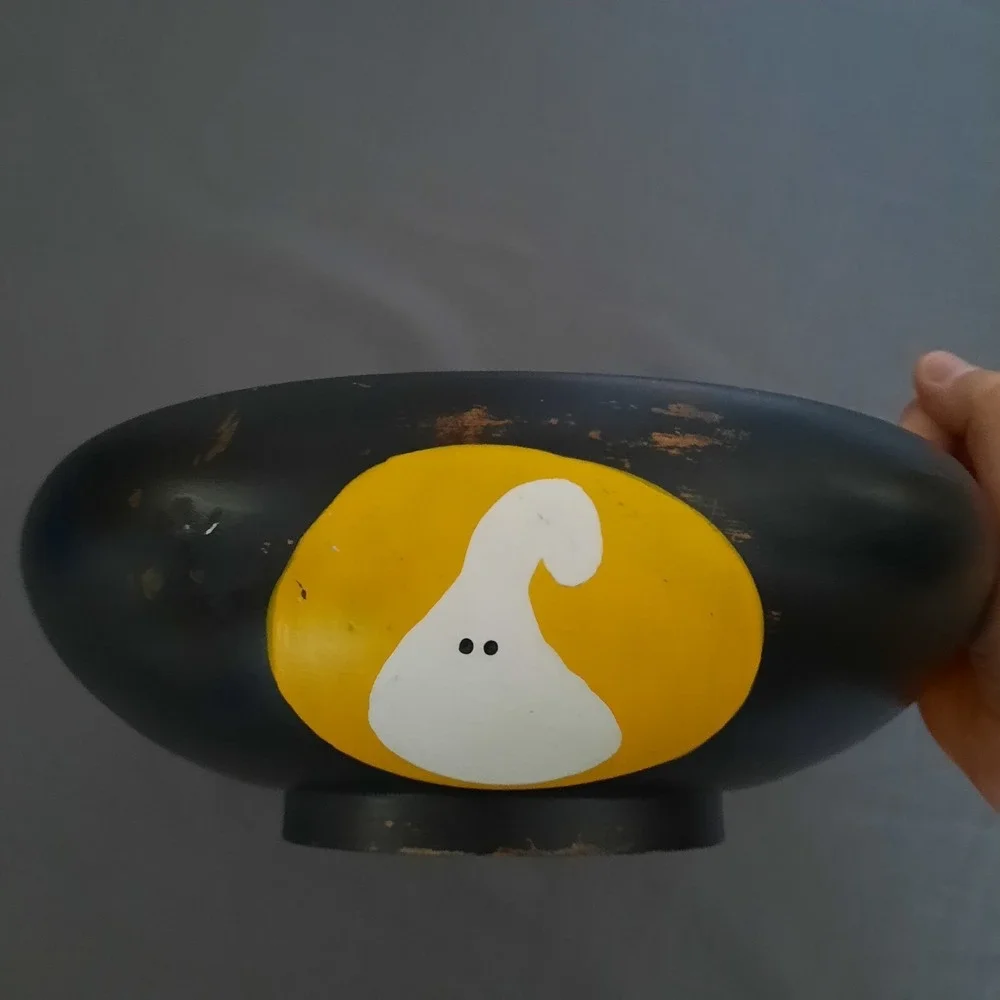Halloween Hand Painted Wood Bowl Jack O Lantern Witch Black Cat Primitive Rustic